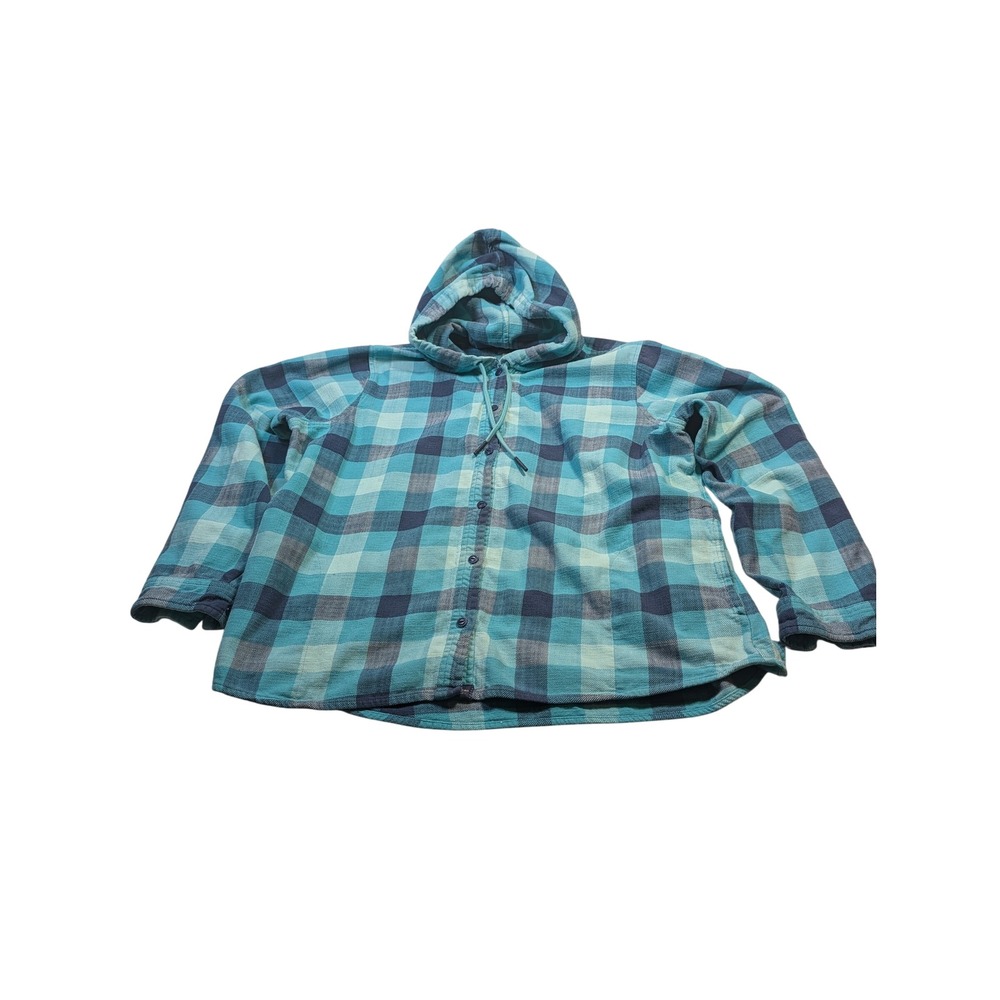 L.L.Bean Mens Plaid Flannel Button Down Hoodie XL Teal Blue Buffalo Check